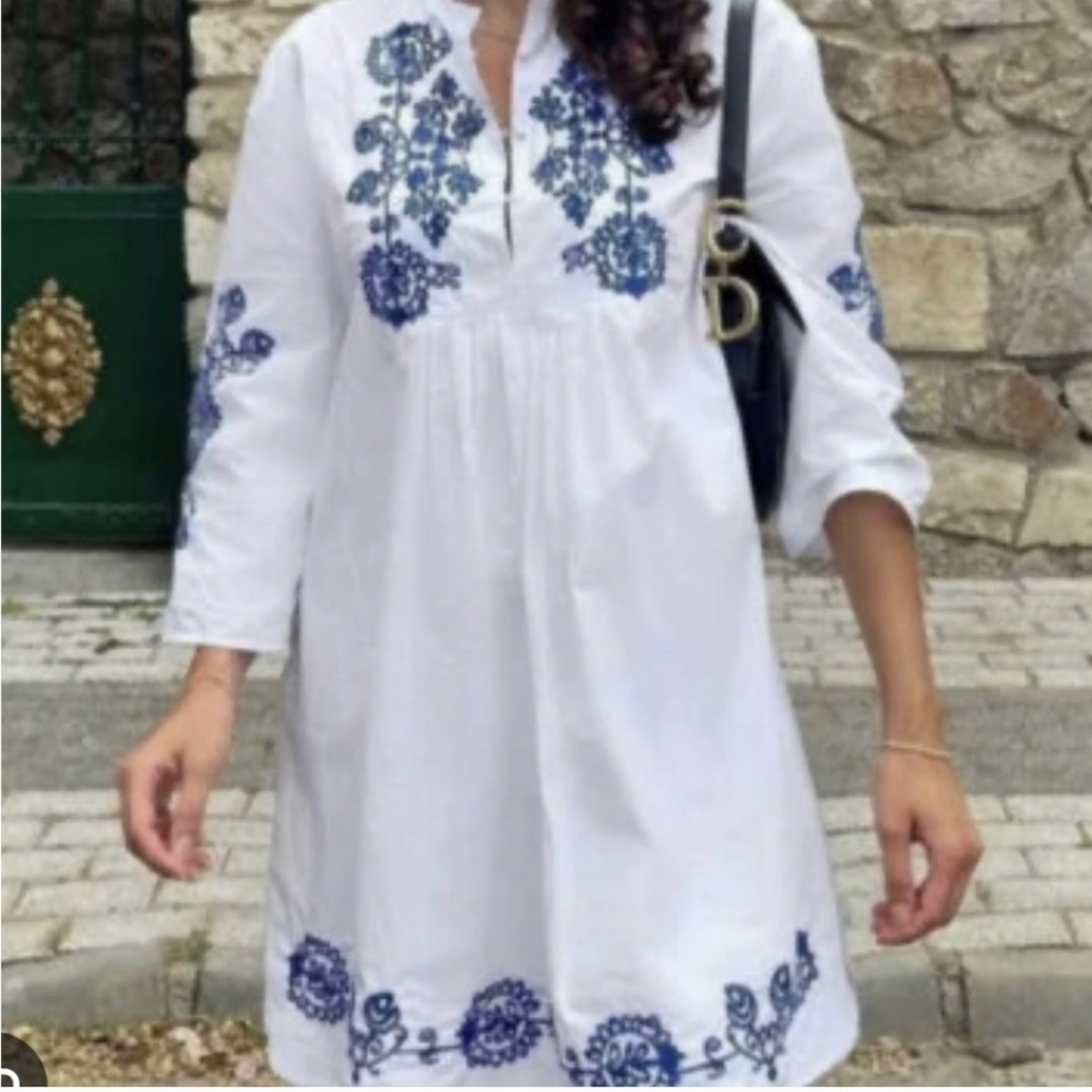 ZARA Embroidered Flowy Mini Dress White &‎ Blue, Casual, Beach, Boho, Sz M